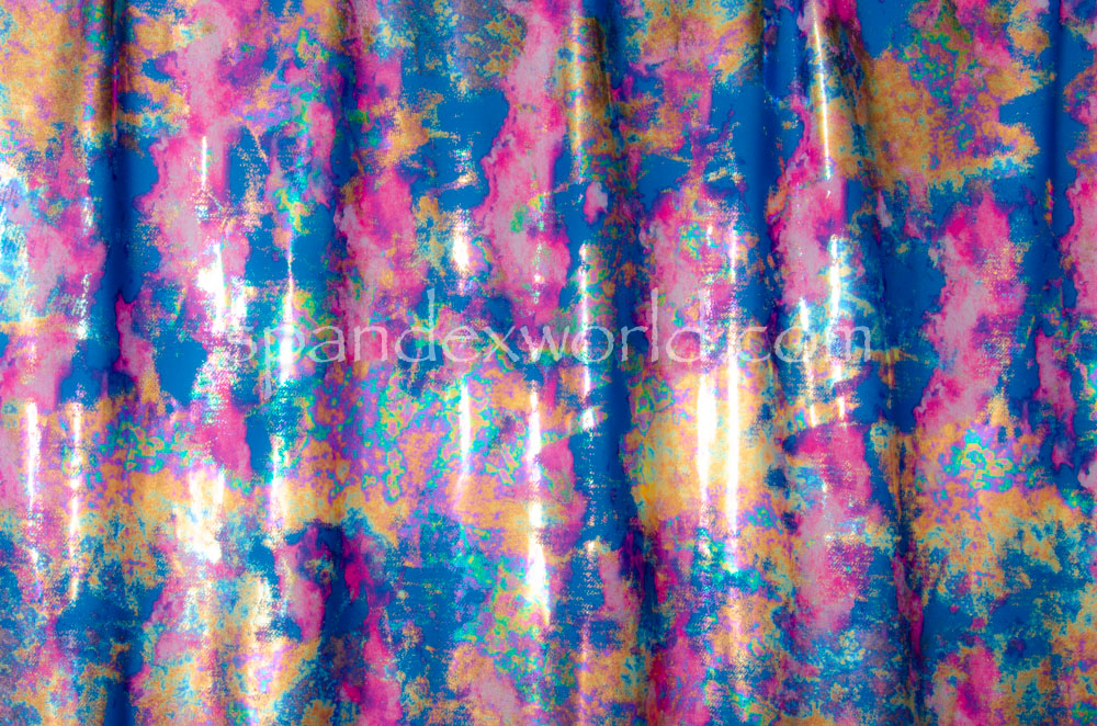 Cloud Metallic Foil Pattern Spandex (Turquoise/Gold/Pink/Multi)