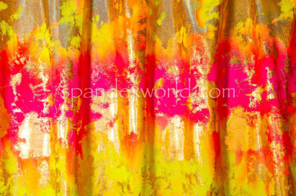Cloud Metallic Foil Pattern Spandex (Orange/Hot Pink/Gold/Multi)