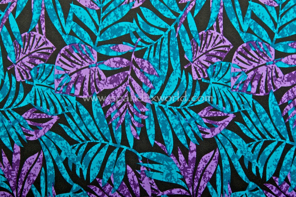 Leaf Printed Spandex (Black/Purple/Turquoise/Multi)